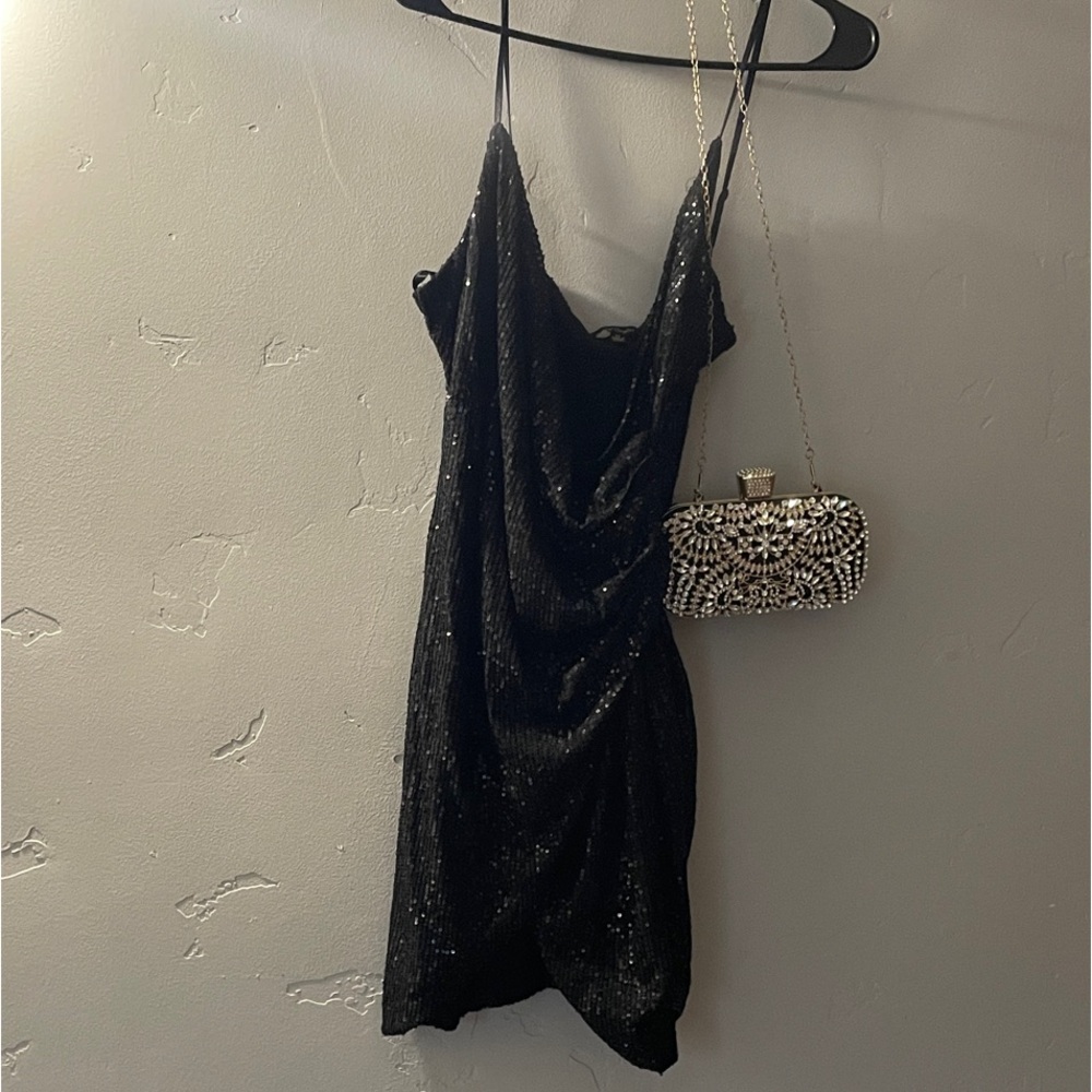 City Triangles Black Sequin Mini Dress and purse